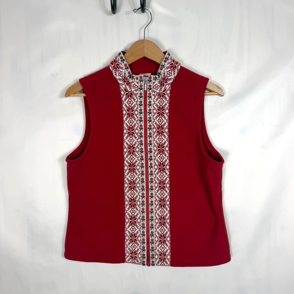 LL Bean Fleece Vest Womens Med Red Nordic Isle Snowflake Full Zip Outdoor Layer